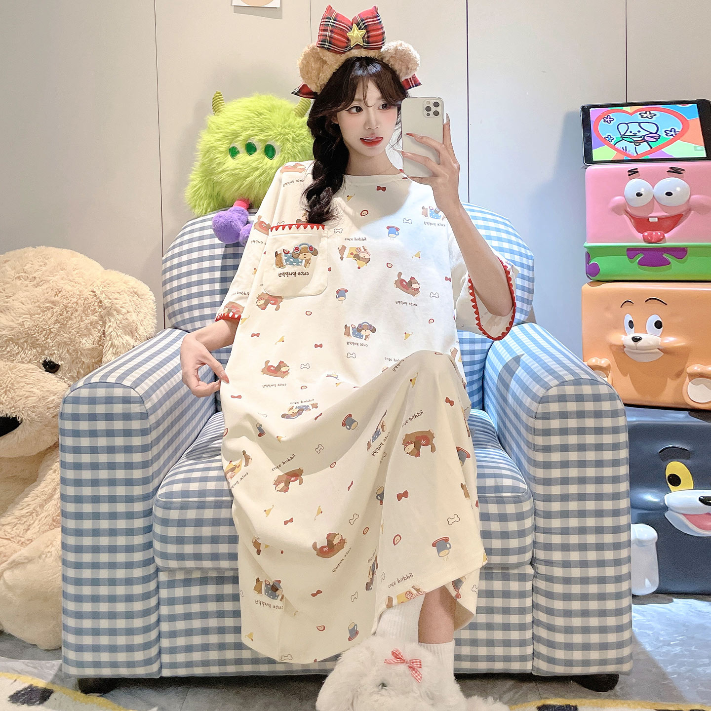 腊肠狗女款夏季纯棉短袖学生睡裙