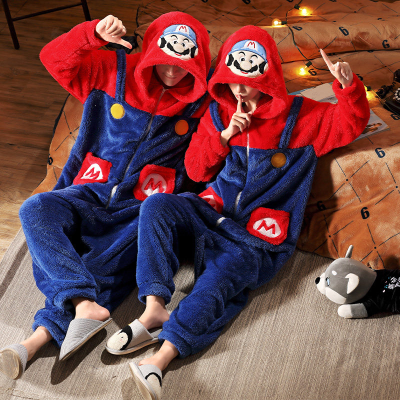 珊瑚绒卡通情侣连体睡衣女冬季可爱加绒加厚男士法兰绒保暖家居服