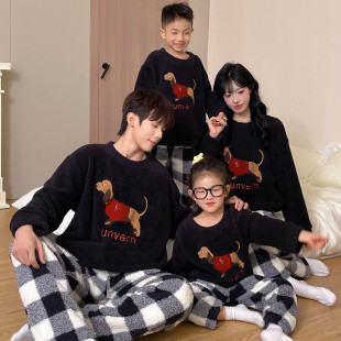 睡衣一家三四口腊肠狗家居服套装 半边绒珊瑚绒亲子装 加厚款 秋冬季
