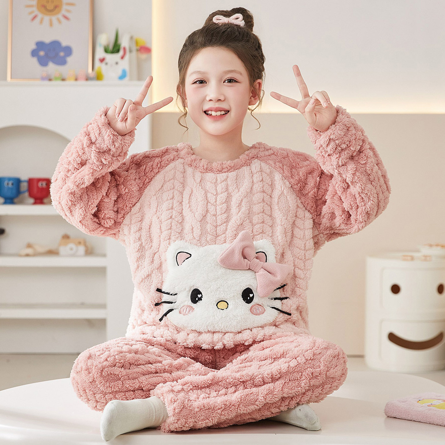 女童秋冬季加厚珊瑚绒大童家居服