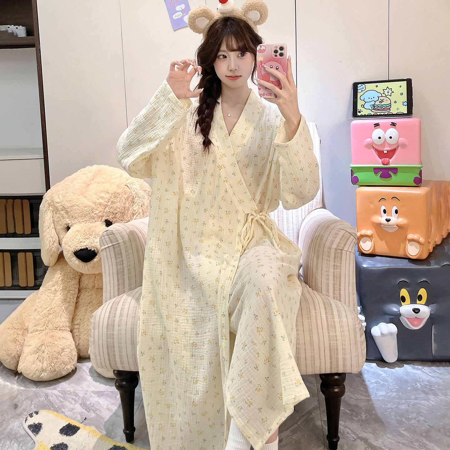 纯棉春秋女款中长款长袖甜美浴袍