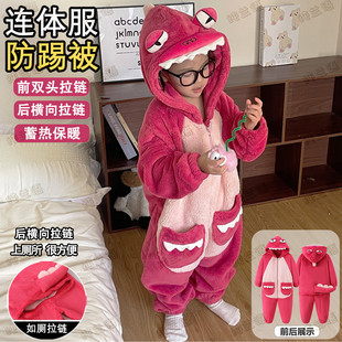 儿童睡衣女童连体衣秋冬款 珊瑚绒宝宝卡通恐龙家居服爬服 2025新款