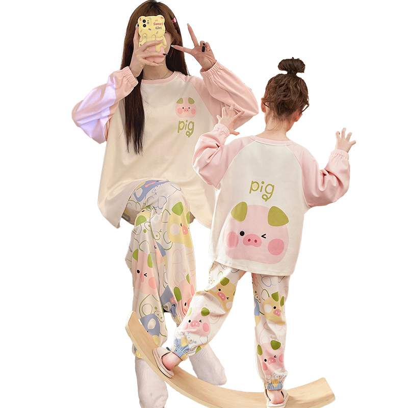 母女春秋季长袖纯棉套装