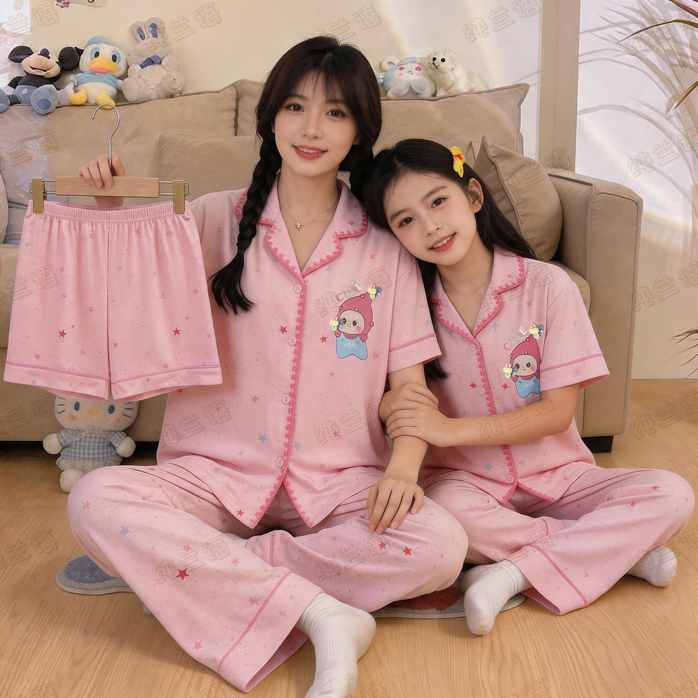 母女夏季纯棉短袖星星睡衣三件套