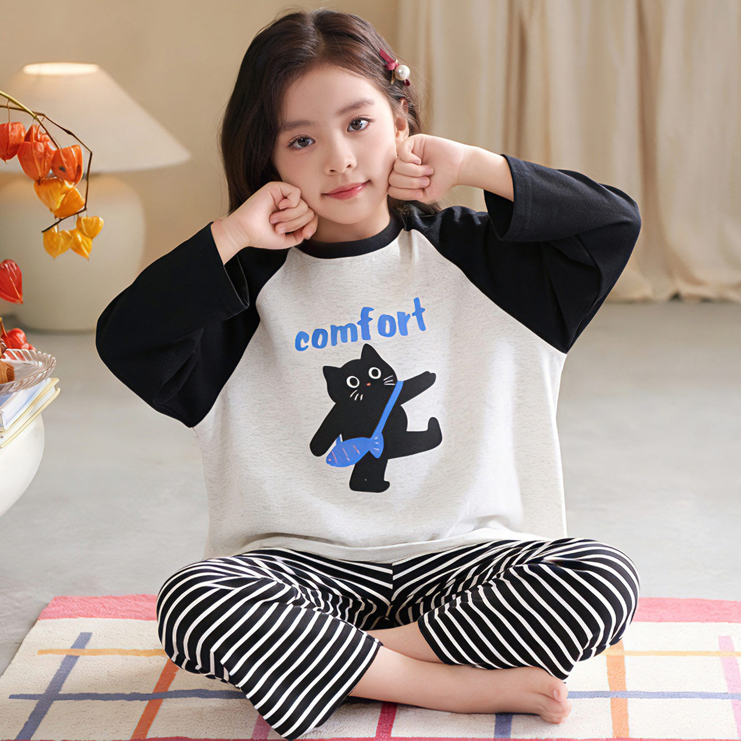 女童小黑猫睡衣2026新款儿童女孩春秋季纯棉家居服中大童长袖套装,童装/婴儿装/亲子装,家居服套装,淘宝优惠券,粉丝福利购,淘宝优惠卷