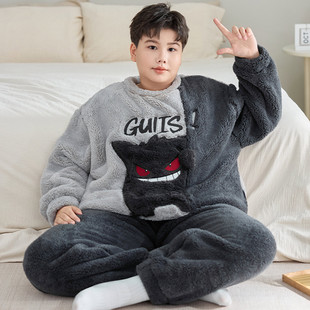 胖男童法兰绒家居服加肥加大童装耿鬼睡衣加厚大码男孩珊瑚绒套装