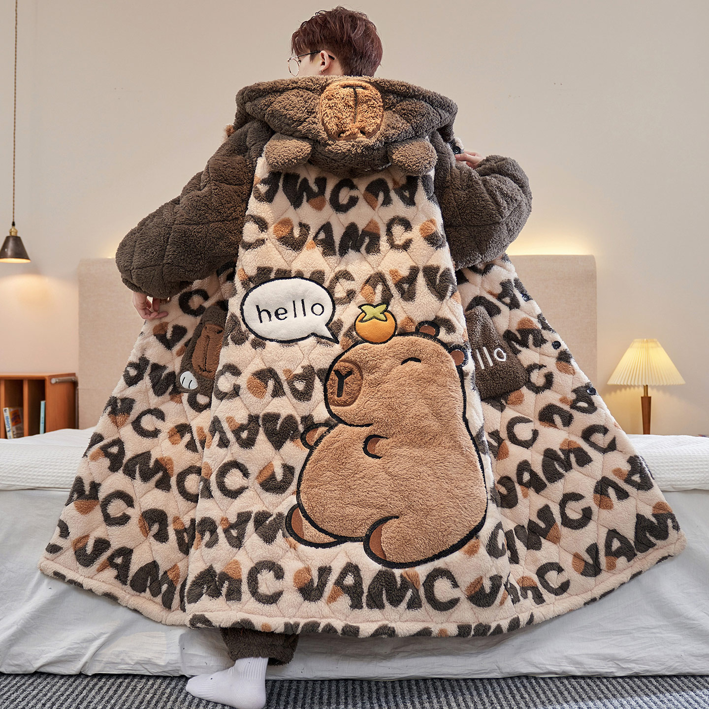 三层夹棉男冬季卡皮巴拉睡袍套装