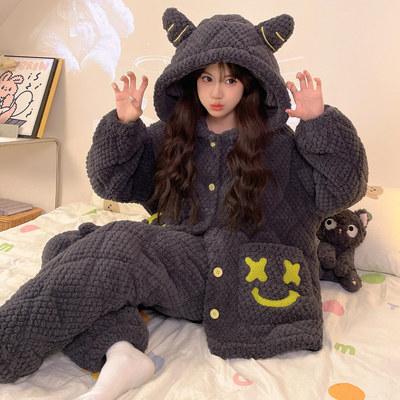 三层夹棉女款笑脸冬季连帽家居服