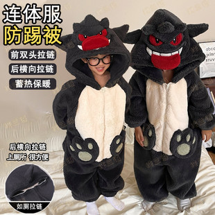 耿鬼儿童连体睡衣秋冬加厚珊瑚绒男童女孩中大童防踢法兰绒家居服