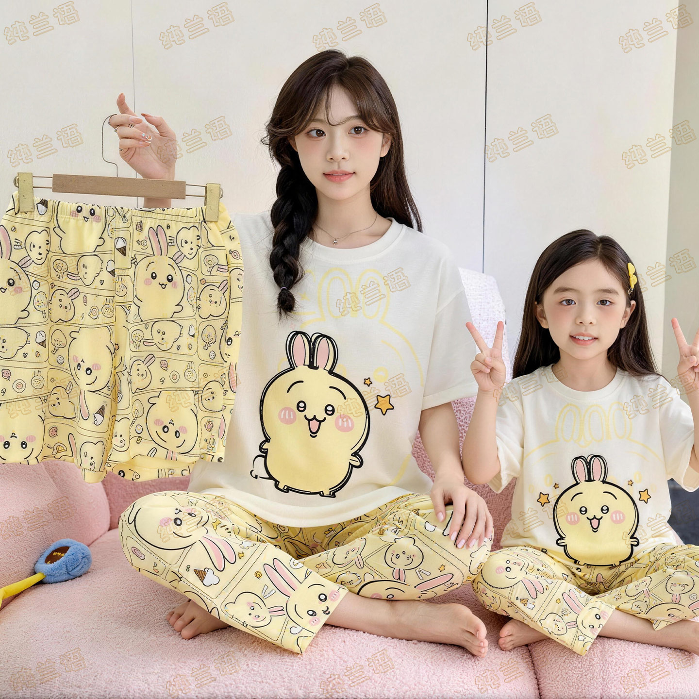 母女装夏季短袖纯棉可爱宽松睡衣