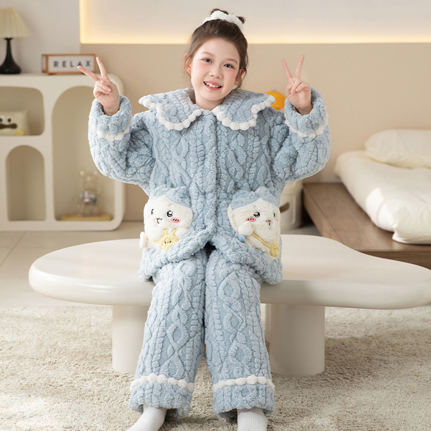 女童三层夹棉加厚冬季小八家居服