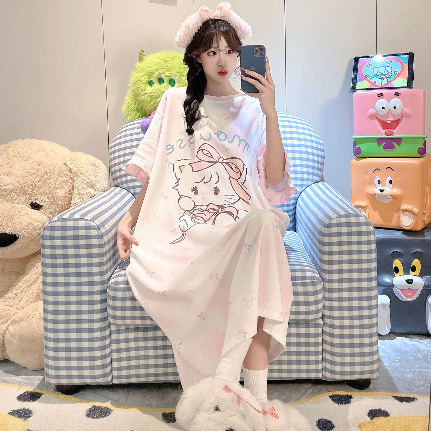 女款夏季纯棉可爱中长款短袖睡裙