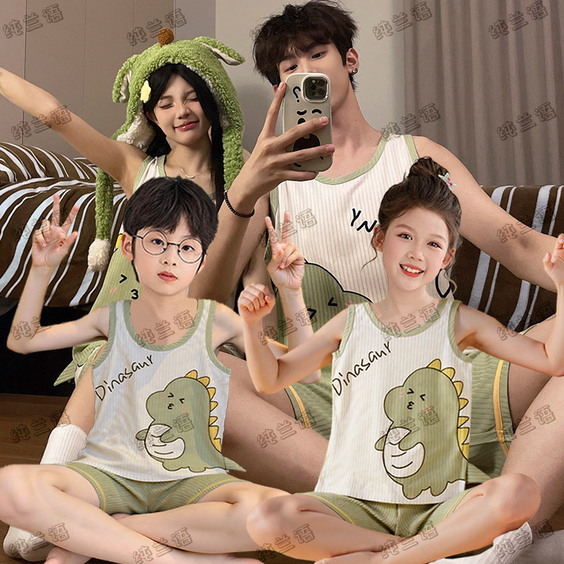 恐龙亲子睡衣一家三口四口无袖背心夏季纯棉薄款父子母女家庭套装