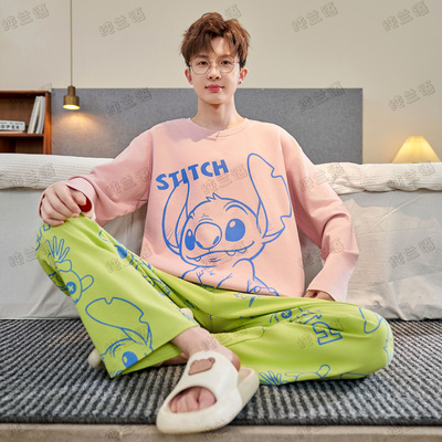 长袖纯棉春秋卡通史迪仔男家居服