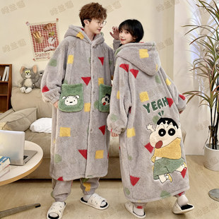 蜡笔小新珊瑚绒情侣装睡衣秋冬季男女款睡袍加厚保暖加大码家居服