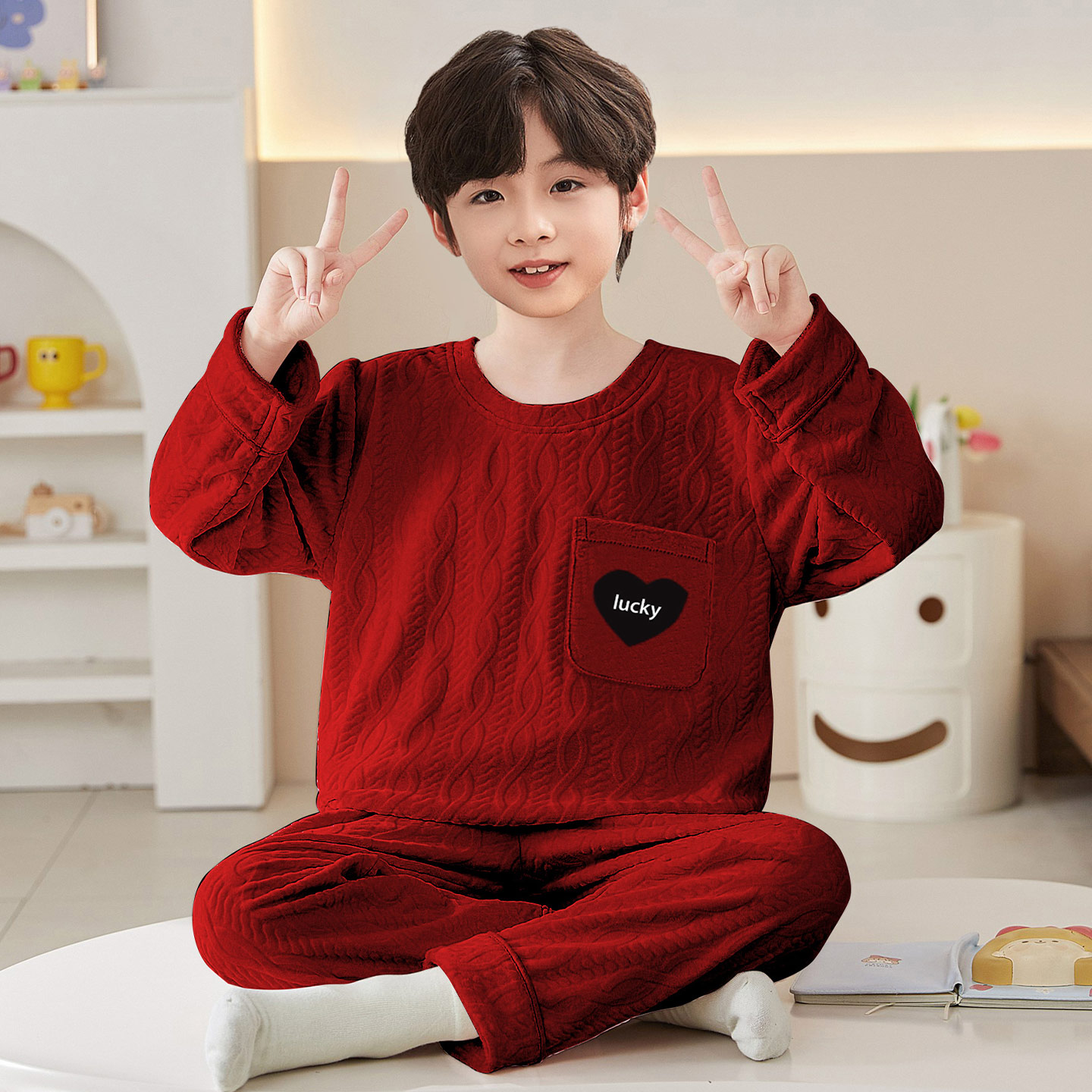 男童秋冬季海岛绒红色家居服薄绒