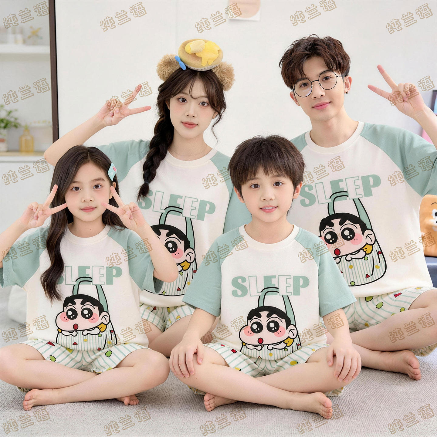 一家四口夏季短袖纯棉小新家居服