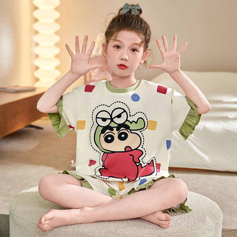 蜡笔小新儿童睡衣女短袖纯棉套装