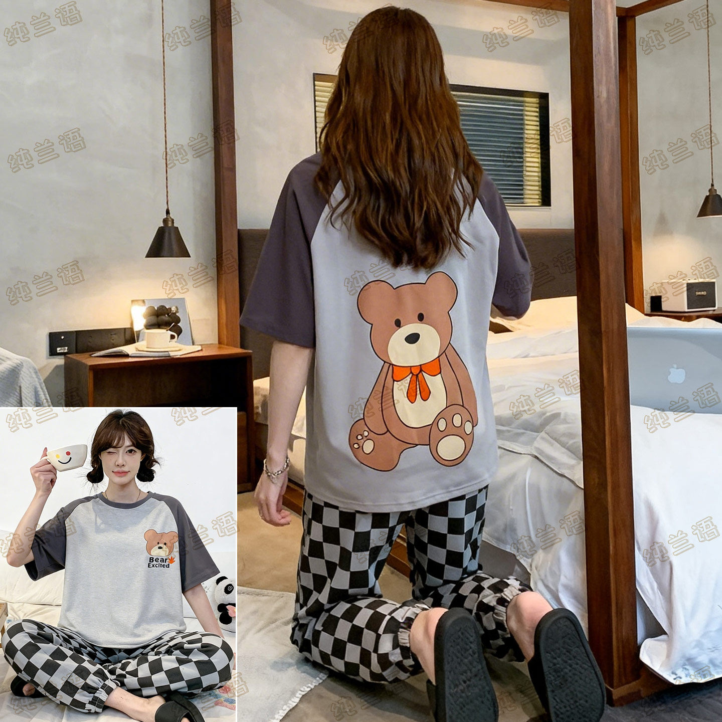 女款夏季纯棉短袖圆领小熊家居服