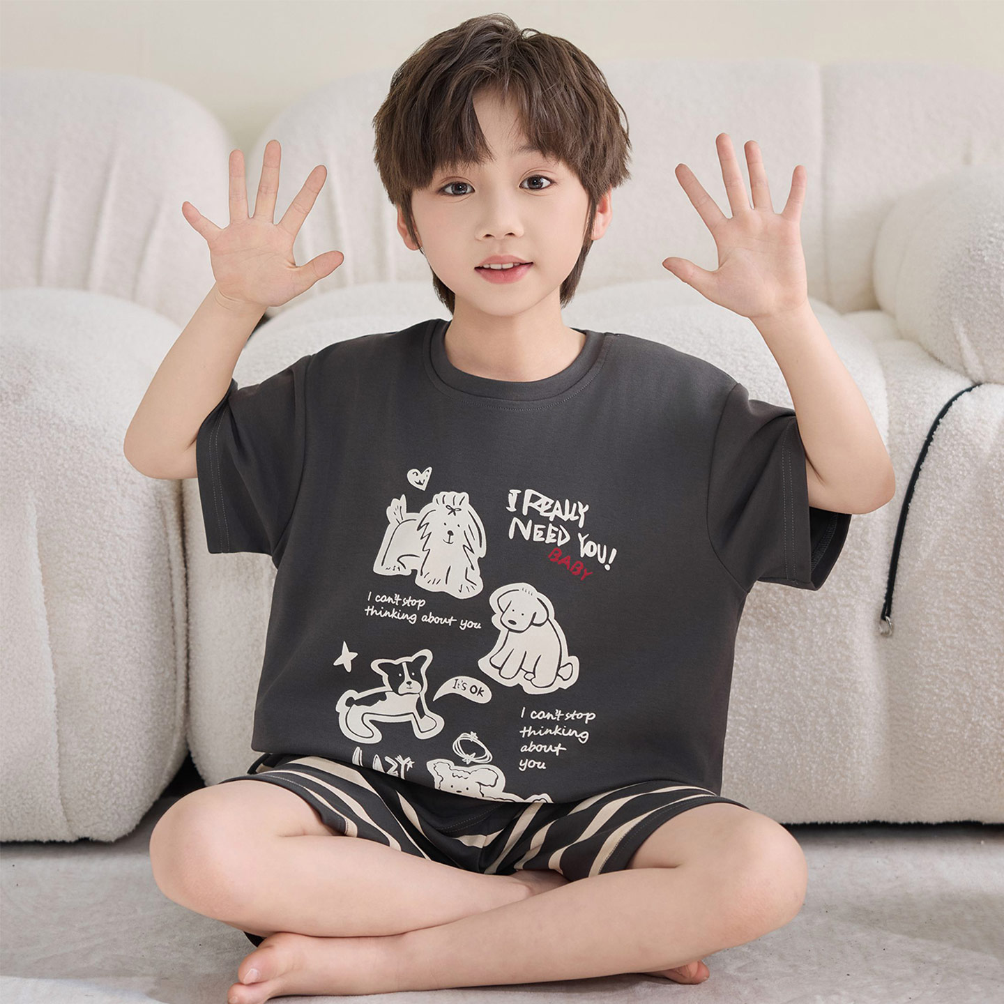 男童短袖纯棉夏装中大童卡通睡衣