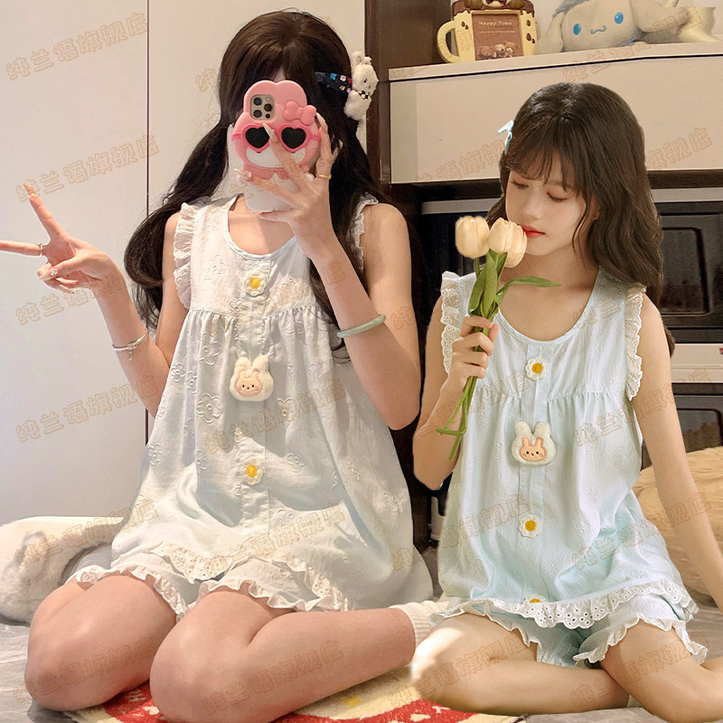 亲子睡衣母女儿童蚕丝棉背心短裤