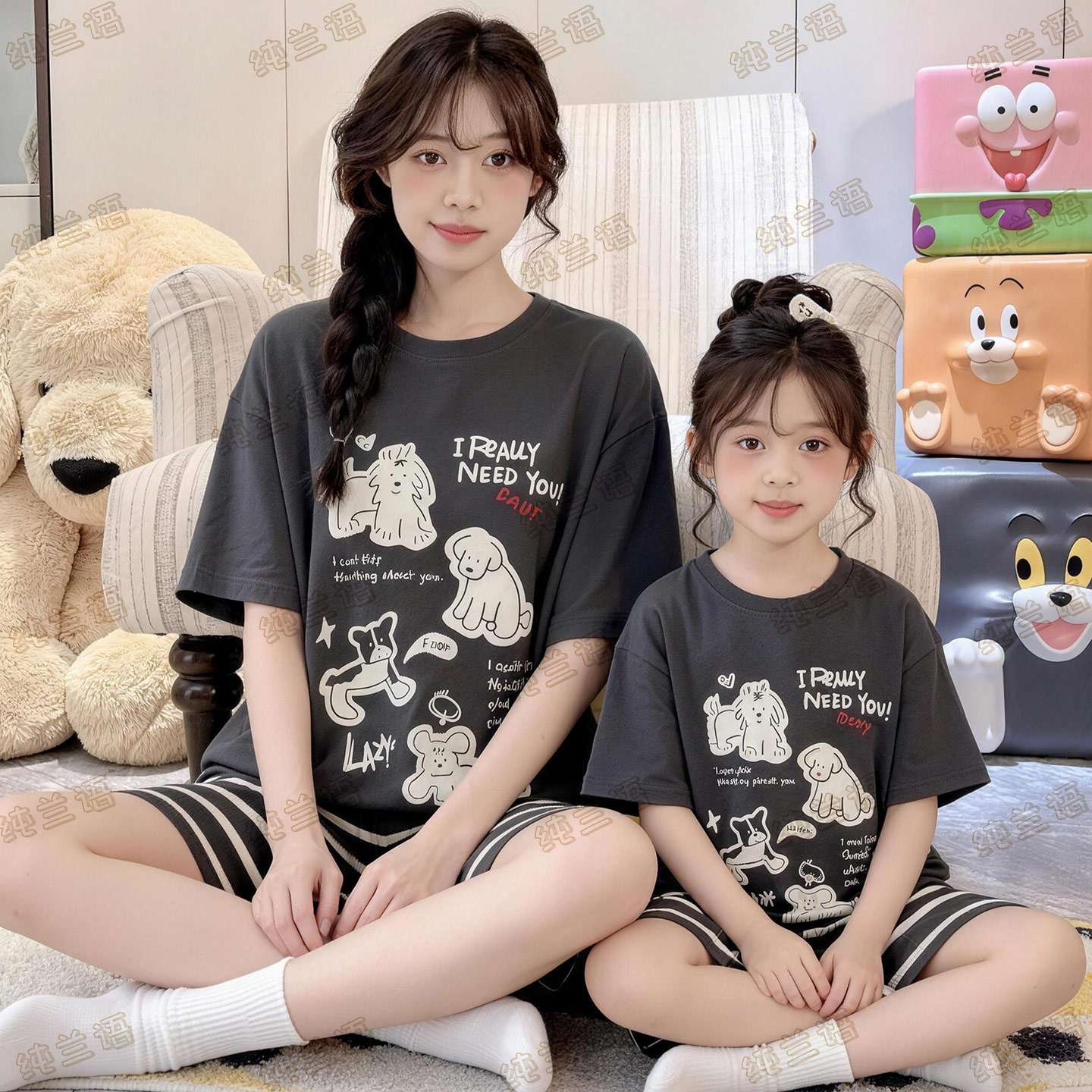 母女纯棉夏季短袖卡通大童家居服