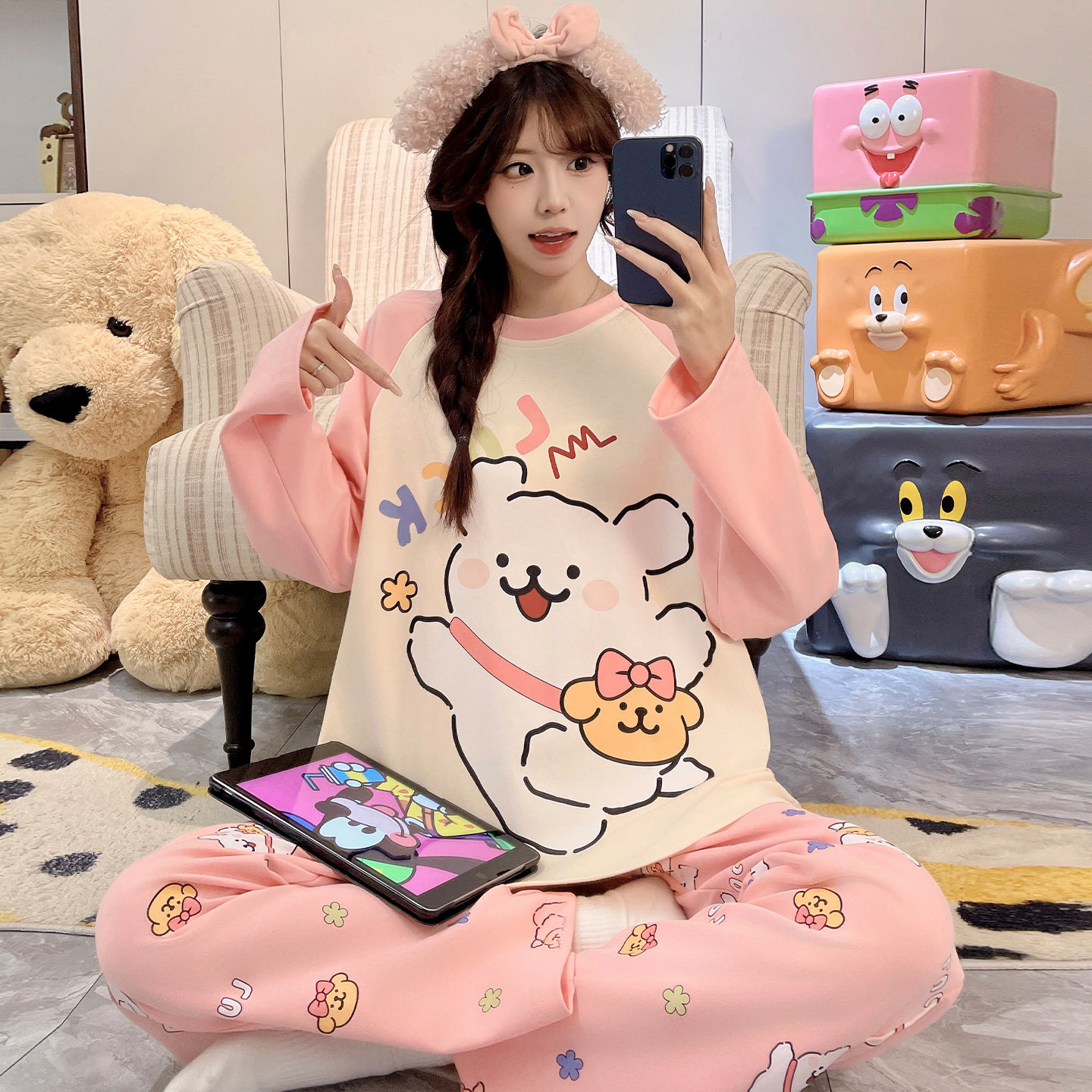 女春秋季纯棉长袖甜美风睡衣套装