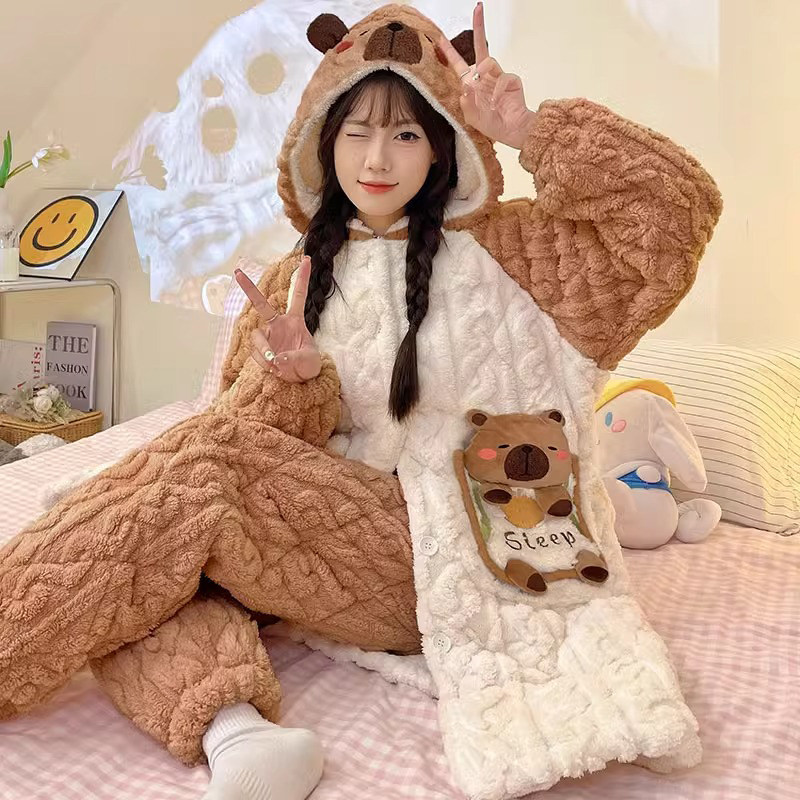 卡皮巴啦三层夹棉睡衣女冬季睡袍