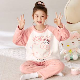 女童睡衣珊瑚绒冬季2025新款薄款公主风KT猫儿童女孩法兰绒家居服