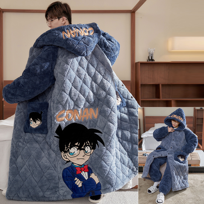 柯南睡衣男冬季加厚三层夹棉睡袍