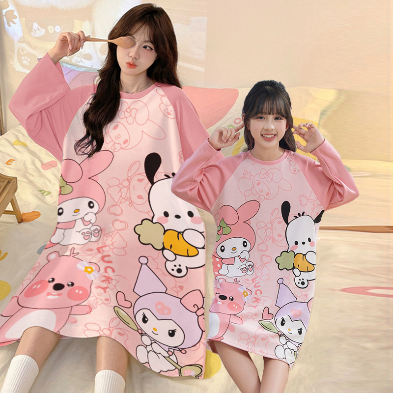 三丽鸥亲子睡衣秋孕妇长袖连衣裙