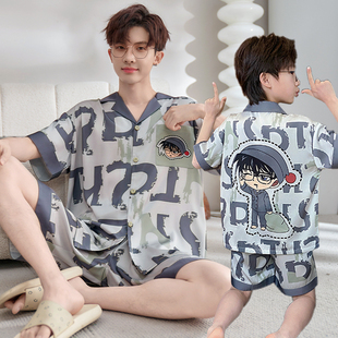 2026新款亲子睡衣父子儿童夏季冰丝短袖套装青少年大童男孩家居服