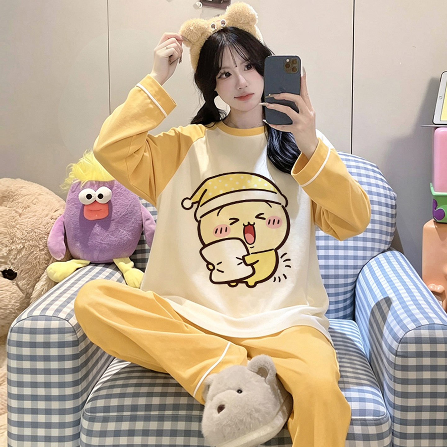 长袖女春秋款纯棉卡通初中生睡衣