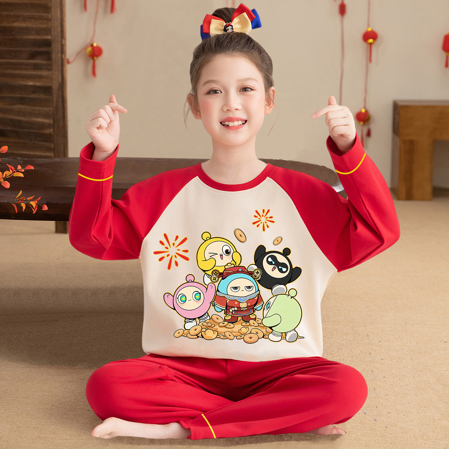 纯棉红色睡衣女童春秋马年家居服