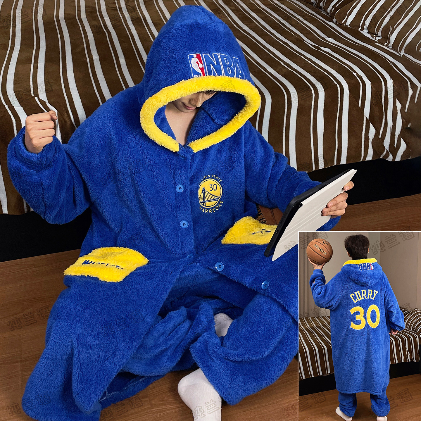 男款珊瑚绒库里冬季大码睡袍套装