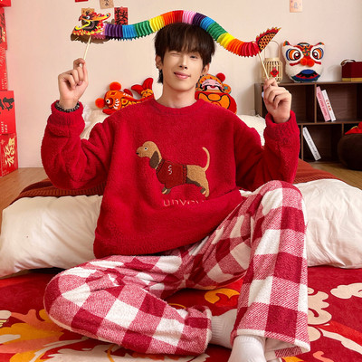 腊肠狗秋冬季新年男半边绒家居服