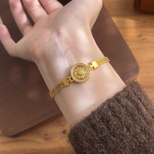 洗澡不用摘强保色古法沙金可旋转八宝罗盘表带手链新中式轻奢