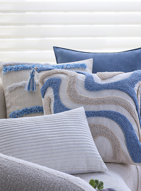 蓝色抱枕高级感长方形靠枕客厅沙发靠枕簇绒流苏飘窗靠垫可拆洗