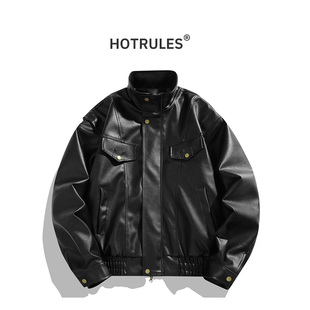HOTRULES美式潮牌clean fit百搭情侣PU皮衣可拆卸帽上衣