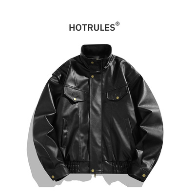 HOTRULES美式潮牌clean fit百搭情侣PU皮衣可拆卸帽上衣