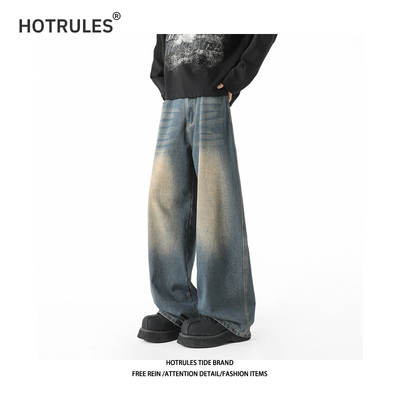 美式高街复古牛仔阔腿裤男女同款