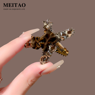 韩系复古豹纹猫咪镶钻发夹高级感气质刘海侧边碎发夹鸭嘴夹发饰