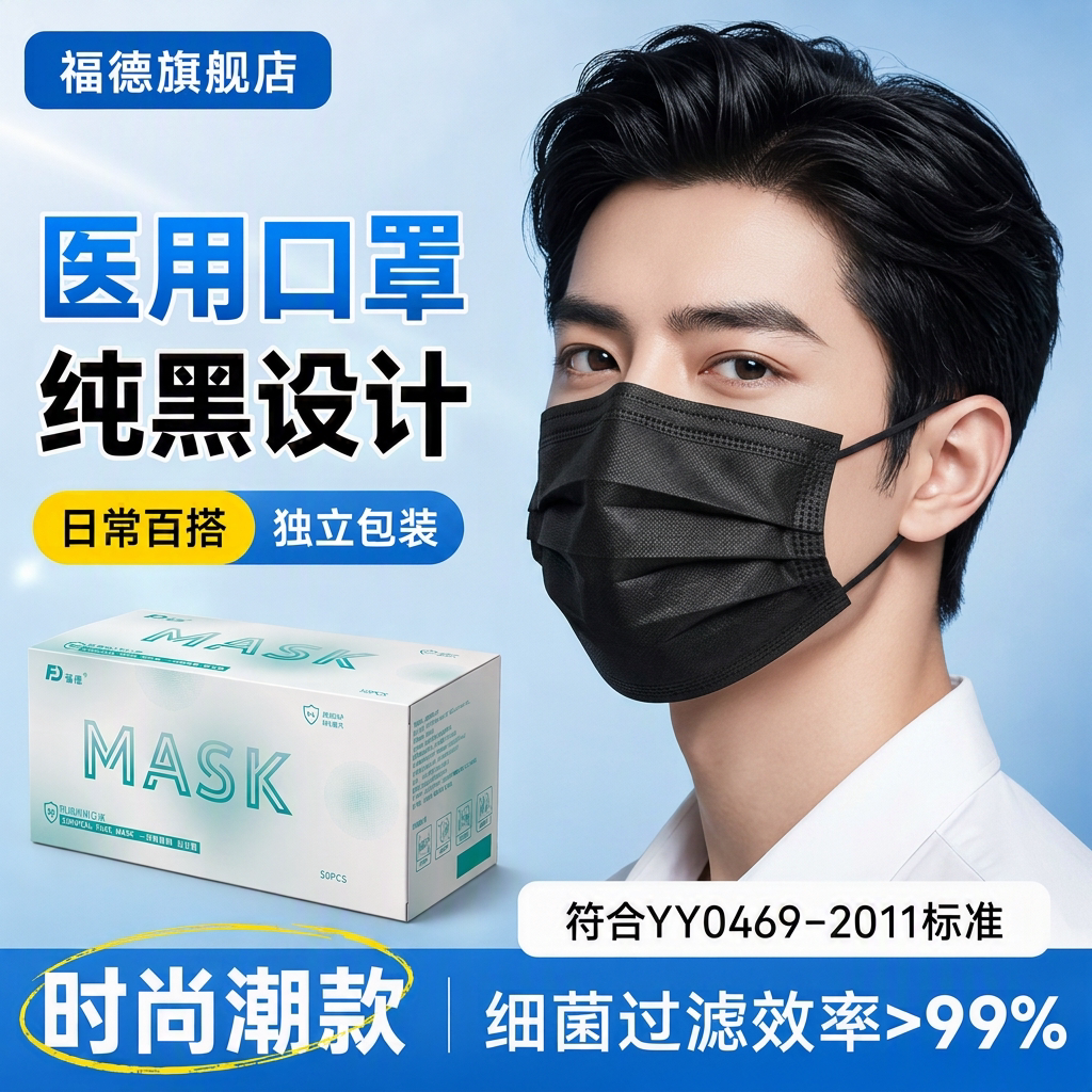 口罩男潮款个性时尚成人医用黑色一次性高颜值单独包装夏季薄款