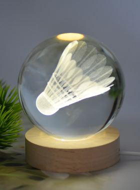 发光内雕3D羽毛球水晶球摆件