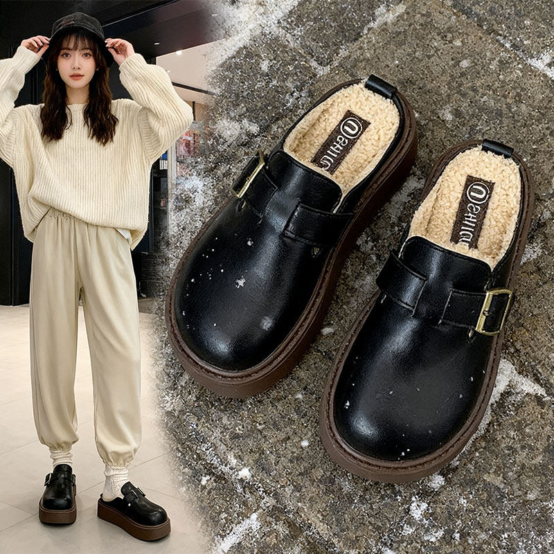 保暖外穿皮面勃肯棉拖鞋美拉德复古棕色厚底增高秋冬包头半拖鞋女