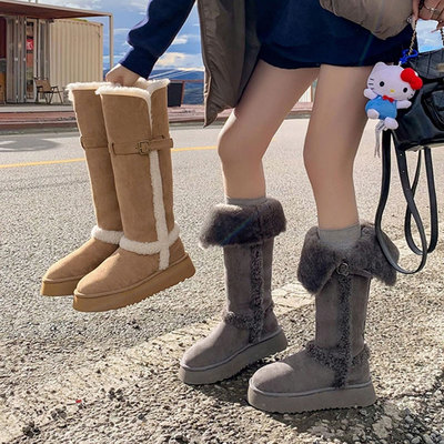 灰色厚底中高筒雪地靴女冬韩版新款东北加绒加厚保暖毛毛长筒棉鞋