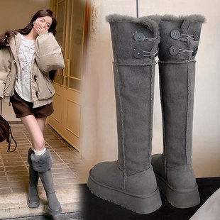 灰色过膝长筒雪地靴女2025新款冬季两穿毛毛加绒保暖棉鞋厚底靴子