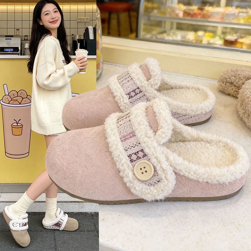 加绒勃肯鞋半拖女冬外穿2026新款内增高厚底毛毛包头半拖鞋女鞋子