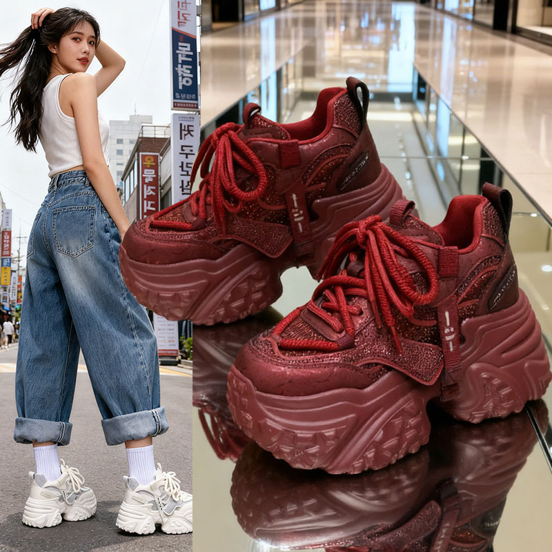 增高厚底老爹鞋女ins潮韩版女新款秋冬小个子松糕运动休闲鞋红色