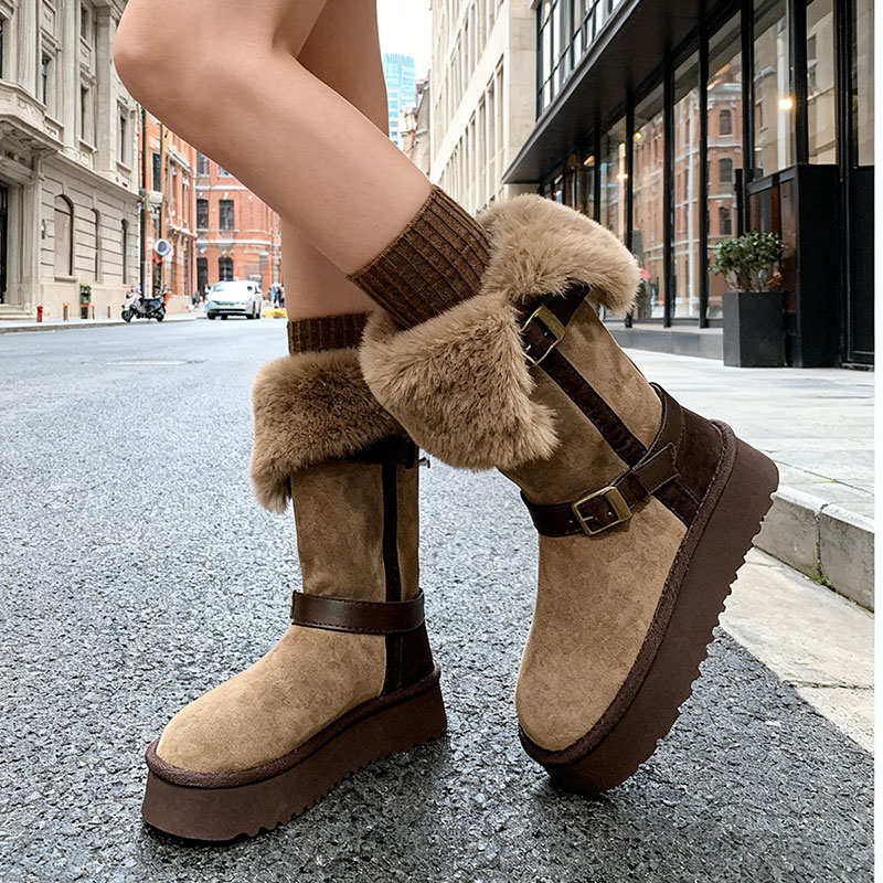 厚底两穿雪地靴女冬季新款皮毛一体翻边毛毛长筒靴子加绒保暖棉鞋